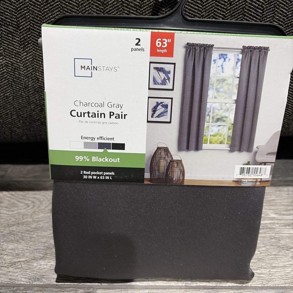 Mainstays Curtain Pair Blackout Charcoal Gray Rod Pocket 30x63‎ NWT Modern 2pk - Picture 2 of 6